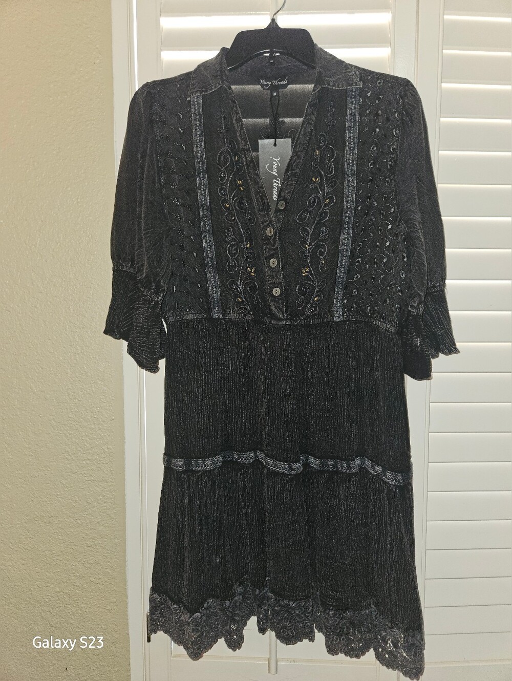 Young Threads Black Embroidered Button-Front Dress